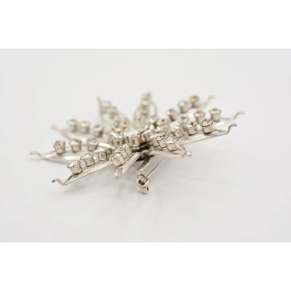 Vintage Crystal Flower Pin Brooch Baguette Prong Rhinestone Silver 1960s BinAL